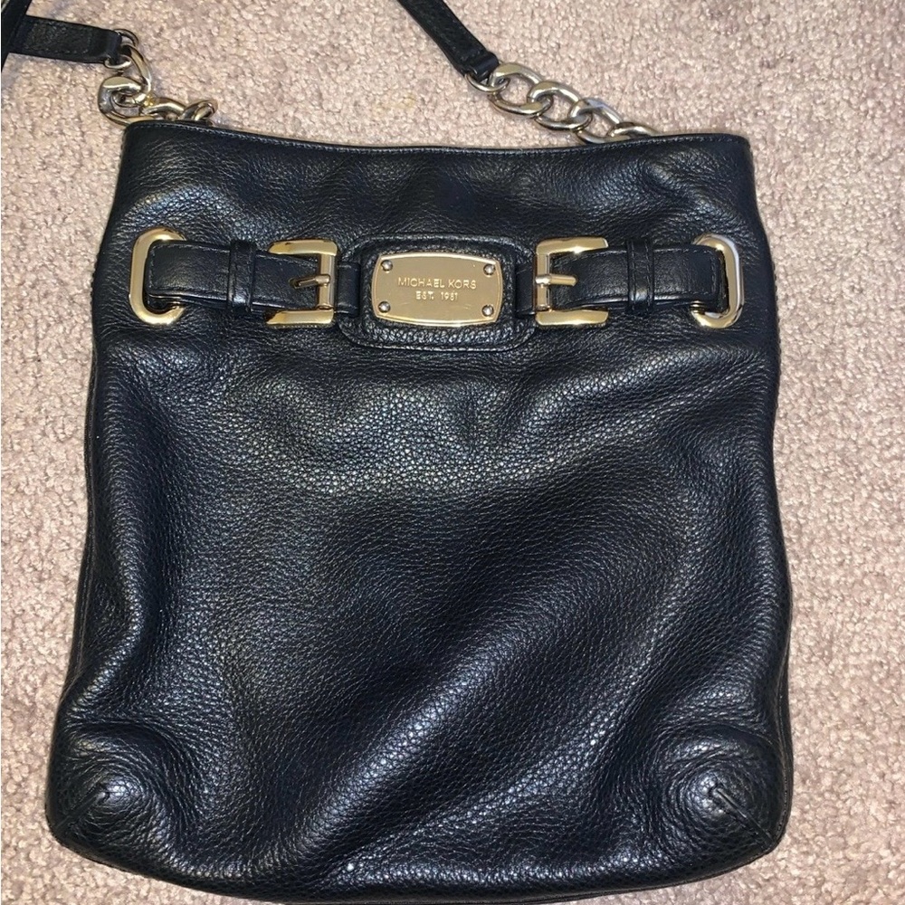 Michael Kors Black Pebbled Leather Crossbody with Gold Plate
